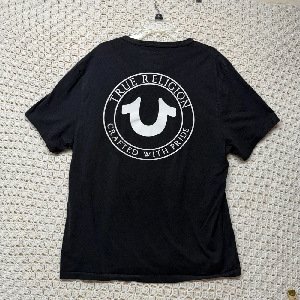 True Religion T-Shirt Mens 2XL Black Cotton White Graphic Short Sleeve Crew Neck